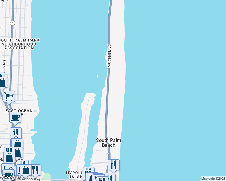 map of restaurants, bars, coffee shops, grocery stores, and more near 3460 South Ocean Boulevard in Palm Beach