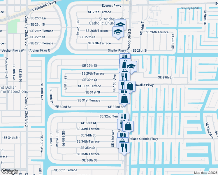map of restaurants, bars, coffee shops, grocery stores, and more near 1428 Southeast 30th Terrace in Cape Coral