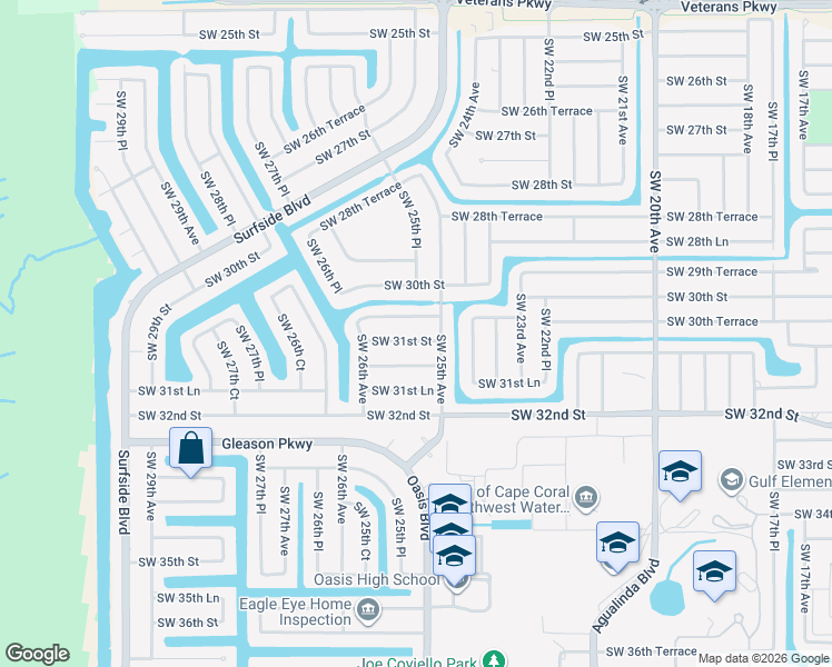 map of restaurants, bars, coffee shops, grocery stores, and more near 2513 Southwest 31st Street in Cape Coral