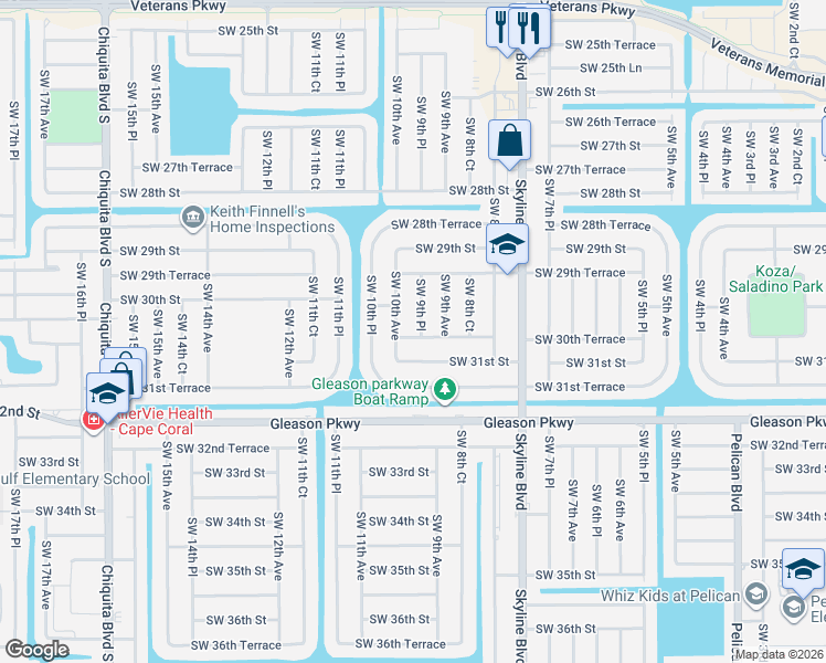 map of restaurants, bars, coffee shops, grocery stores, and more near 912 Southwest 30th Terrace in Cape Coral