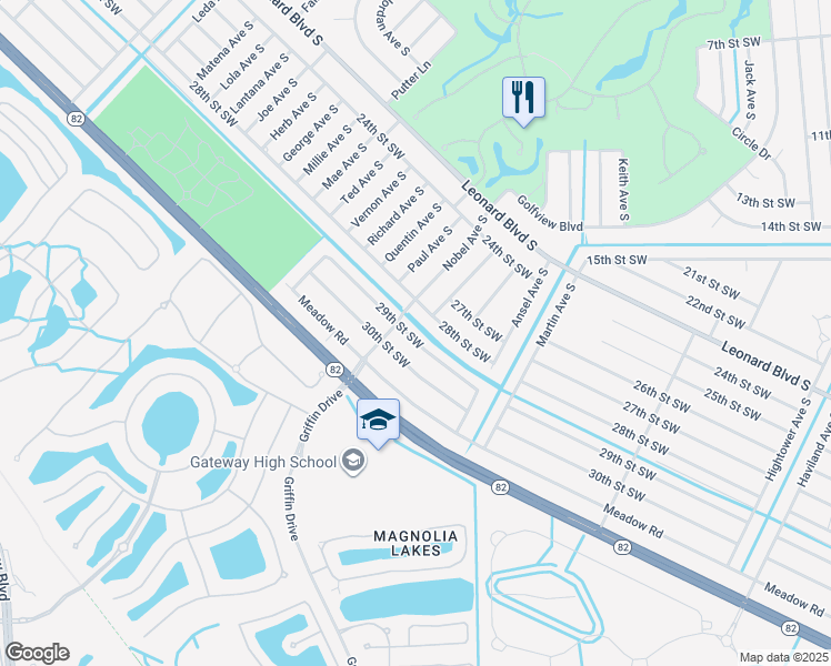 map of restaurants, bars, coffee shops, grocery stores, and more near 4827 29th Street Southwest in Lehigh Acres