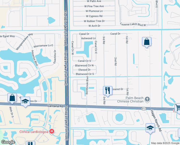 map of restaurants, bars, coffee shops, grocery stores, and more near 7785 Bishopwood Road in Lake Worth