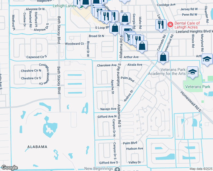 map of restaurants, bars, coffee shops, grocery stores, and more near 1160 Navajo Avenue in Lehigh Acres
