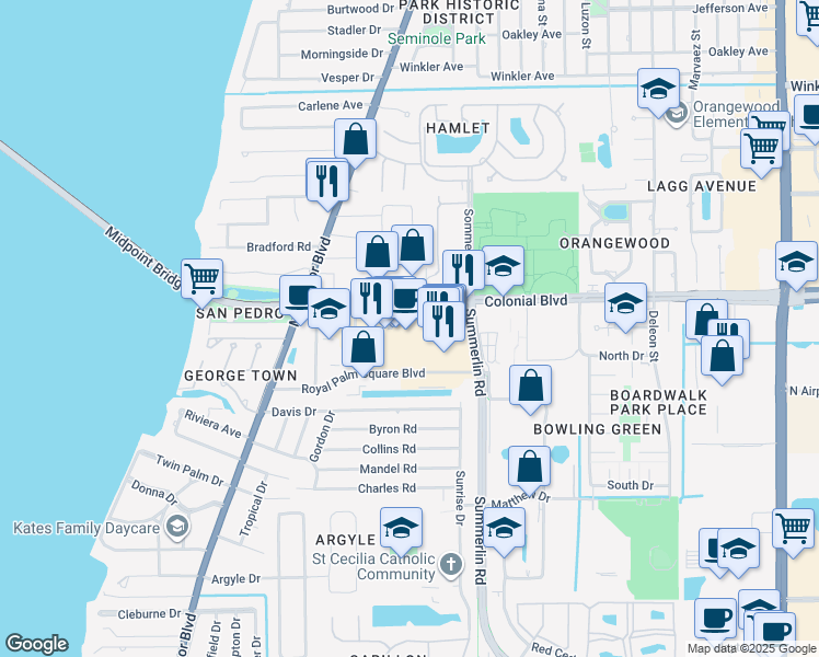 map of restaurants, bars, coffee shops, grocery stores, and more near 1428 Colonial Boulevard in Fort Myers