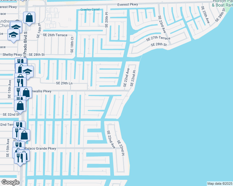 map of restaurants, bars, coffee shops, grocery stores, and more near 2112 Cornwallis Parkway in Cape Coral