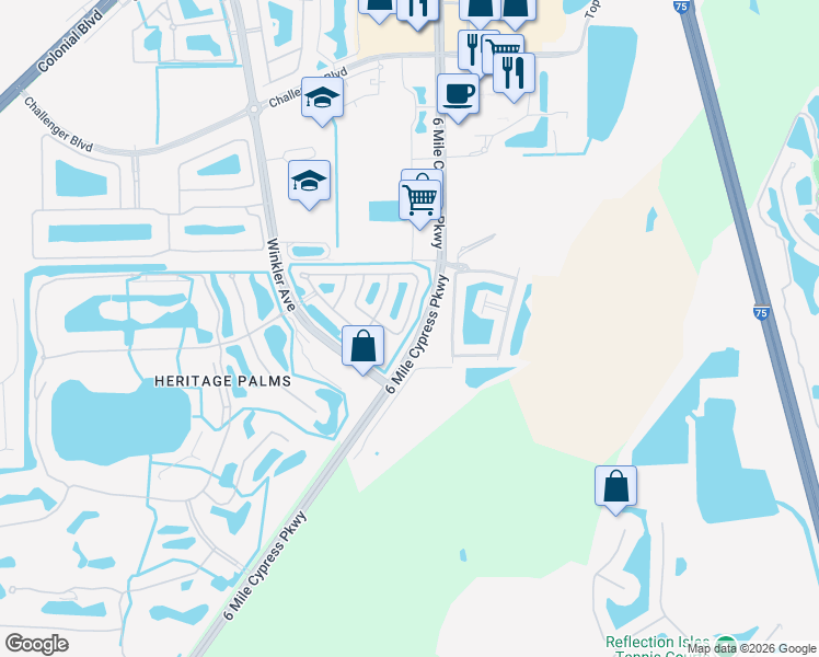 map of restaurants, bars, coffee shops, grocery stores, and more near 10077 Poppy Hill Drive in Fort Myers