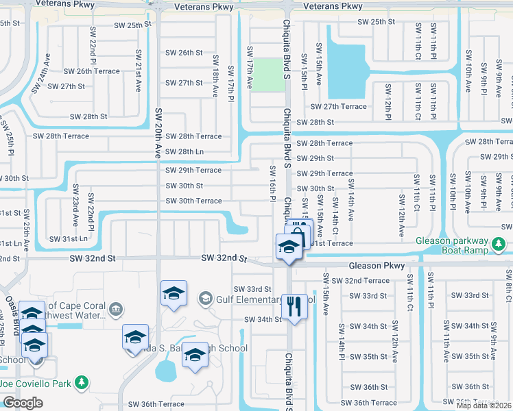 map of restaurants, bars, coffee shops, grocery stores, and more near 1638 Southwest 30th Street in Cape Coral