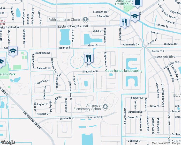 map of restaurants, bars, coffee shops, grocery stores, and more near 618 Shadyside Street in Lehigh Acres