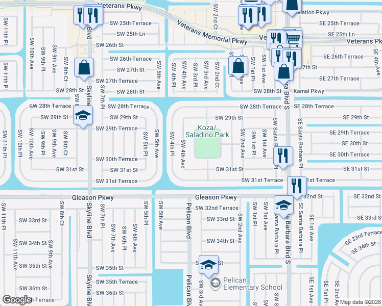map of restaurants, bars, coffee shops, grocery stores, and more near 3012 Southwest 3rd Place in Cape Coral
