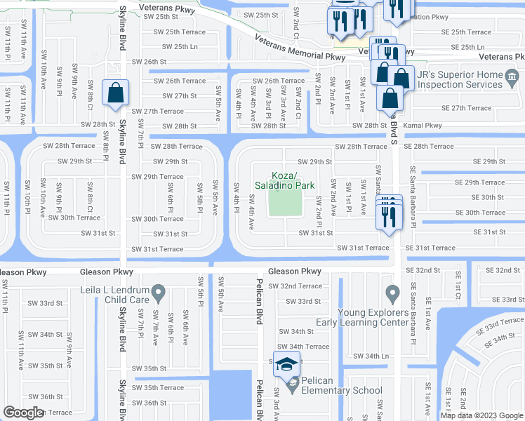 map of restaurants, bars, coffee shops, grocery stores, and more near 3012 Southwest 3rd Place in Cape Coral