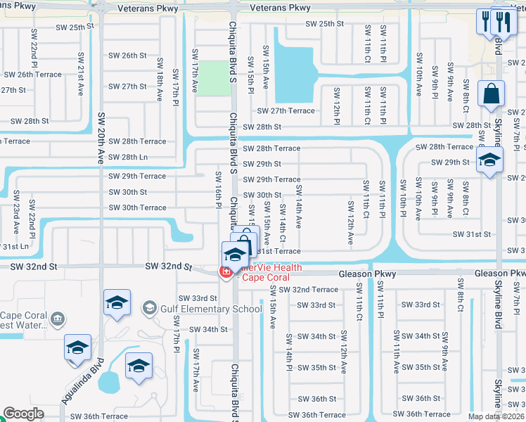 map of restaurants, bars, coffee shops, grocery stores, and more near 3014 Southwest 15th Avenue in Cape Coral