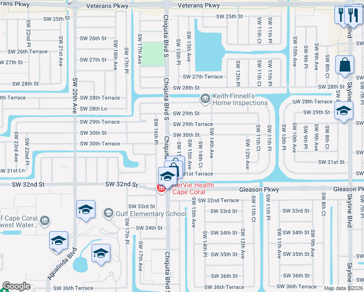 map of restaurants, bars, coffee shops, grocery stores, and more near 3015 Southwest 15th Place in Cape Coral