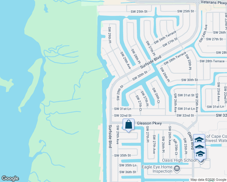 map of restaurants, bars, coffee shops, grocery stores, and more near 2945 Surfside Boulevard in Cape Coral