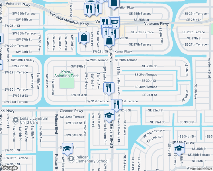 map of restaurants, bars, coffee shops, grocery stores, and more near 3009 Southwest Santa Barbara Place in Cape Coral