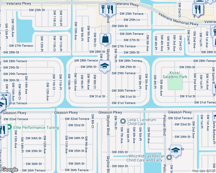 map of restaurants, bars, coffee shops, grocery stores, and more near Skyline Boulevard in Cape Coral