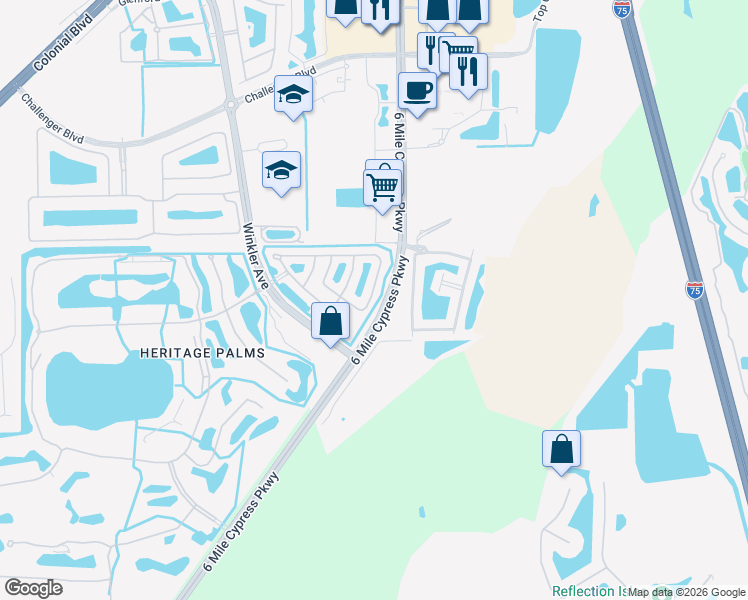 map of restaurants, bars, coffee shops, grocery stores, and more near 10077 Poppy Hill Drive in Fort Myers