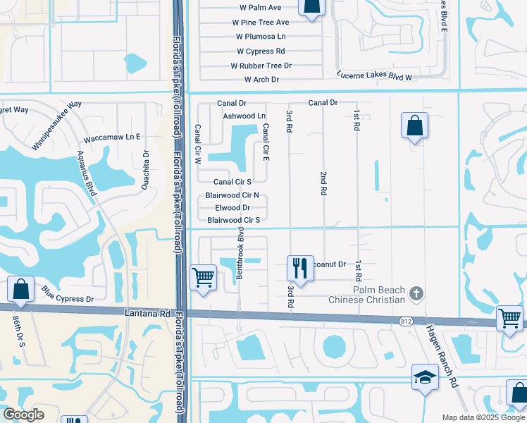 map of restaurants, bars, coffee shops, grocery stores, and more near 7743 Elwood Drive in Lake Worth