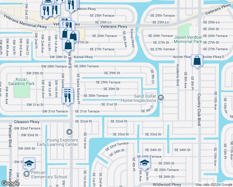 map of restaurants, bars, coffee shops, grocery stores, and more near 308 Southeast 30th Street in Cape Coral