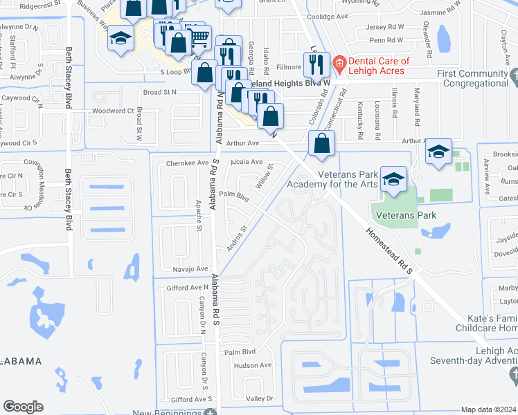 map of restaurants, bars, coffee shops, grocery stores, and more near 60 Andros Street in Lehigh Acres