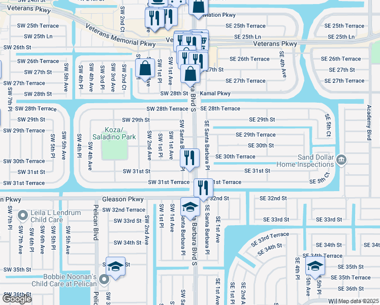 map of restaurants, bars, coffee shops, grocery stores, and more near 2935 Southwest Santa Barbara Place in Cape Coral