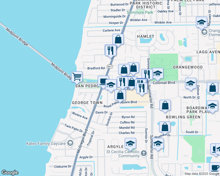 map of restaurants, bars, coffee shops, grocery stores, and more near 1350 County Road 884 in Fort Myers