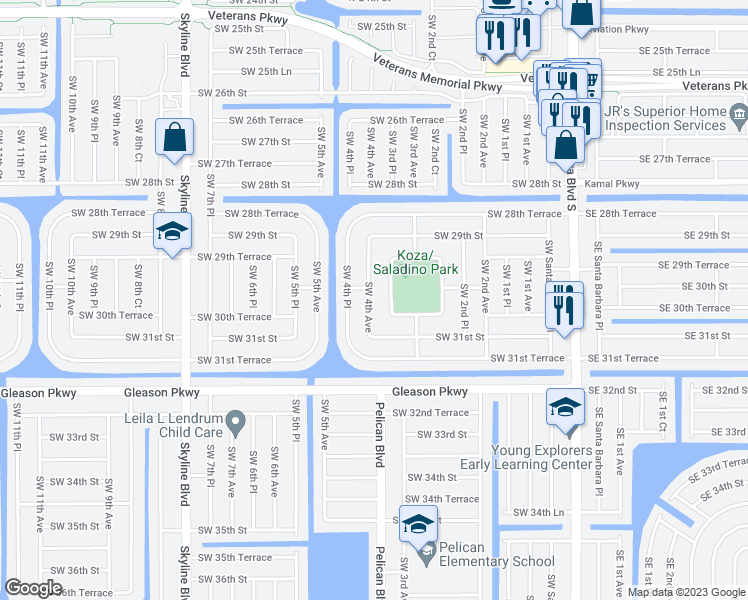 map of restaurants, bars, coffee shops, grocery stores, and more near 3007 Southwest 4th Avenue in Cape Coral