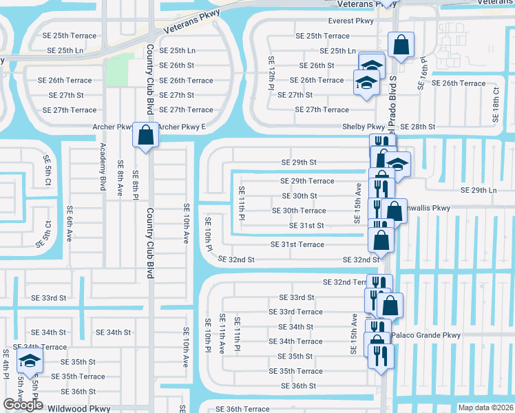 map of restaurants, bars, coffee shops, grocery stores, and more near 1120 Southeast 30th Street in Cape Coral