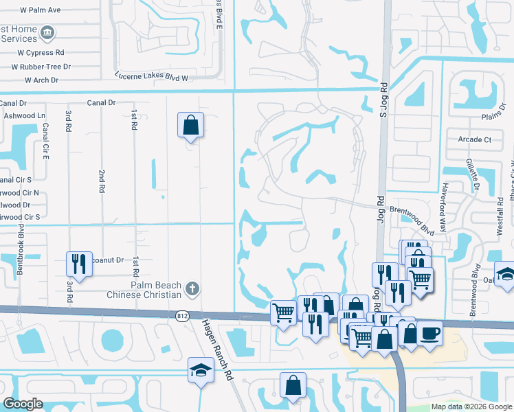 map of restaurants, bars, coffee shops, grocery stores, and more near 6752 Palermo Way in Lake Worth