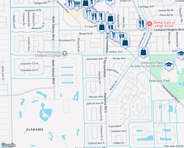 map of restaurants, bars, coffee shops, grocery stores, and more near 14 Andora Street in Lehigh Acres