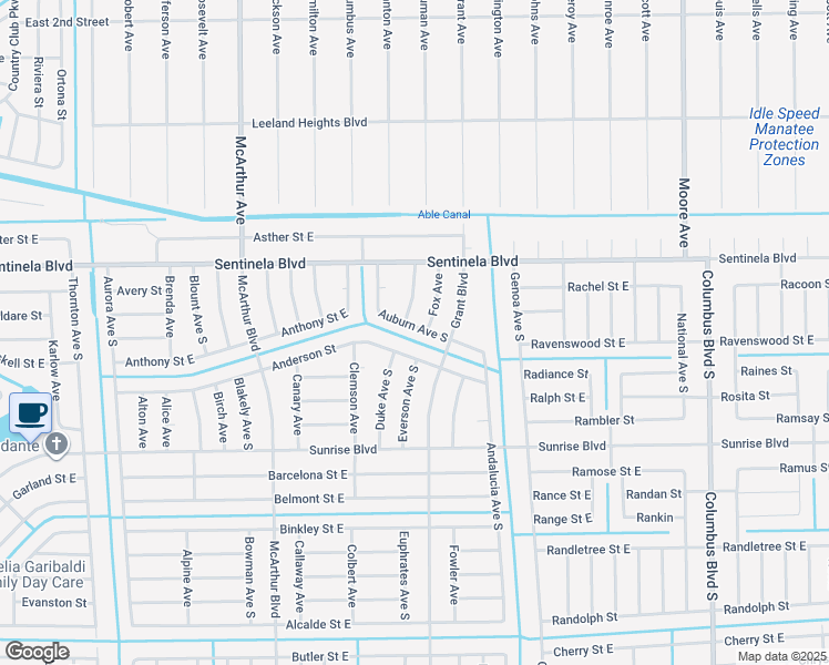 map of restaurants, bars, coffee shops, grocery stores, and more near 144 Auburn Avenue South in Lehigh Acres