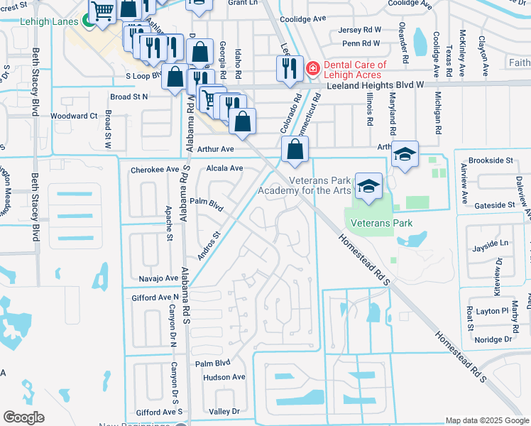 map of restaurants, bars, coffee shops, grocery stores, and more near 38 Desert Candle Circle in Lehigh Acres