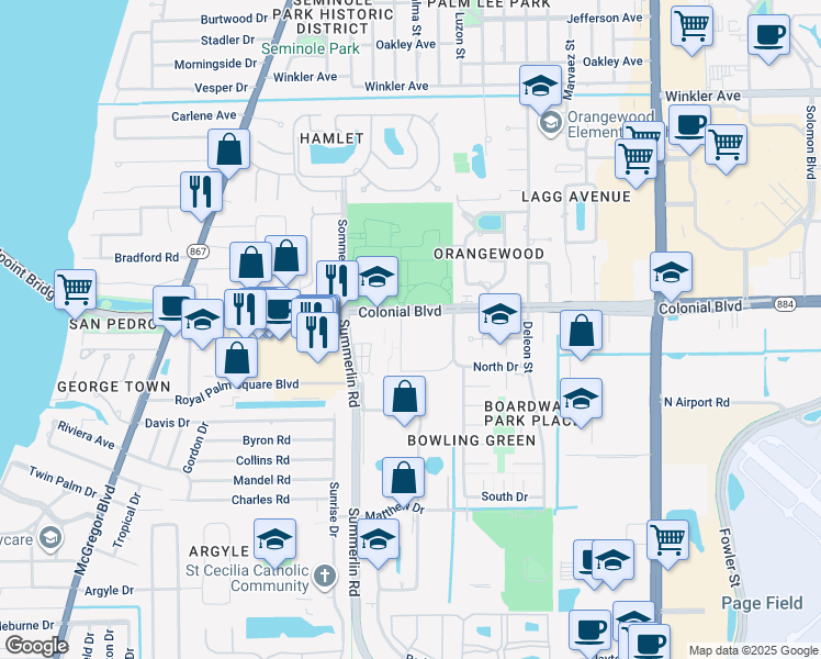 map of restaurants, bars, coffee shops, grocery stores, and more near 1566 Church Lane in Fort Myers