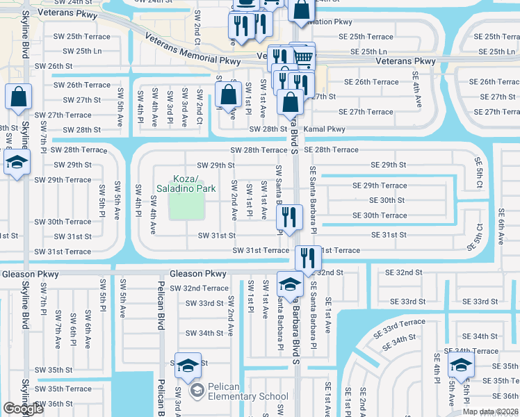 map of restaurants, bars, coffee shops, grocery stores, and more near 3006 Southwest 1st Avenue in Cape Coral