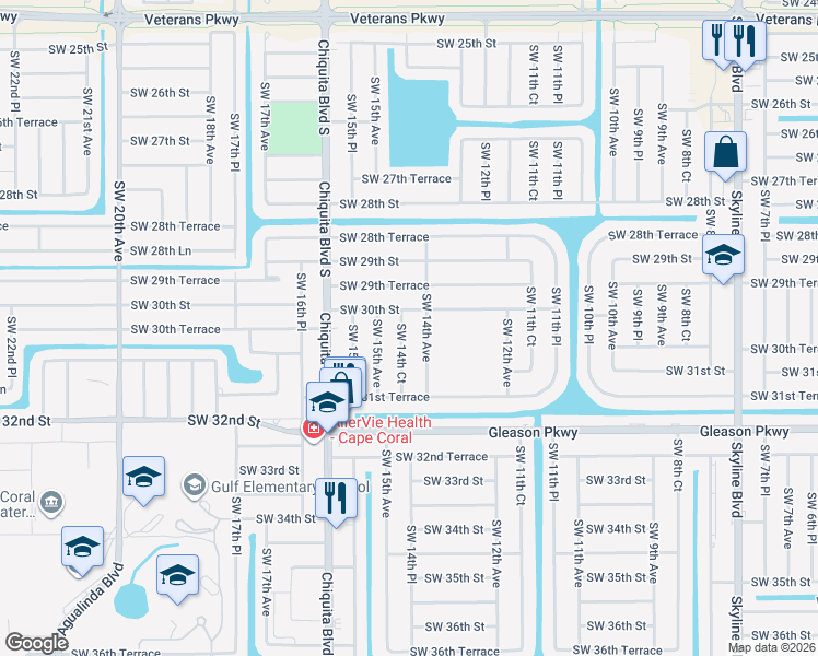map of restaurants, bars, coffee shops, grocery stores, and more near 3002 Southwest 14th Avenue in Cape Coral