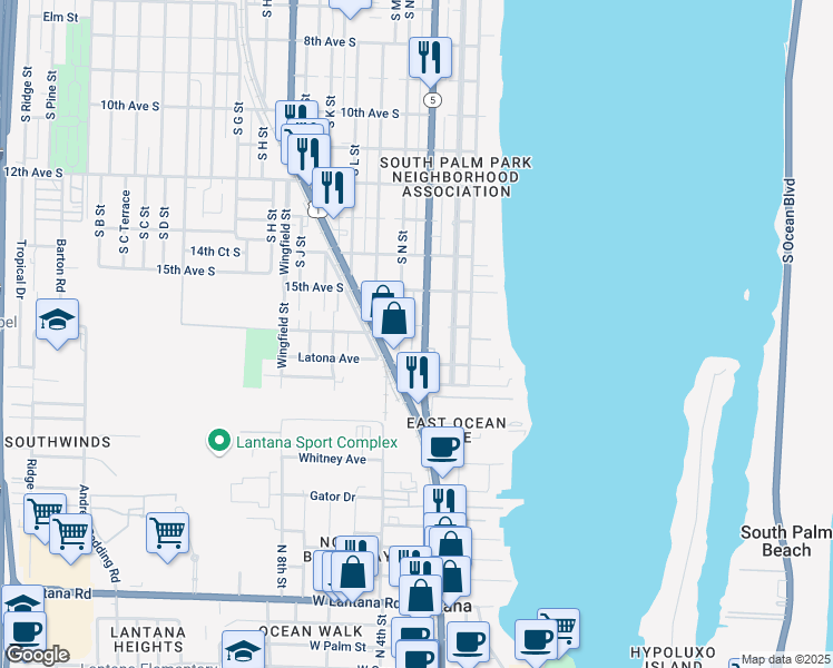 map of restaurants, bars, coffee shops, grocery stores, and more near 1601 Federal Highway in Lake Worth