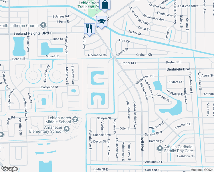 map of restaurants, bars, coffee shops, grocery stores, and more near 158 Shadow Lakes Drive in Lehigh Acres