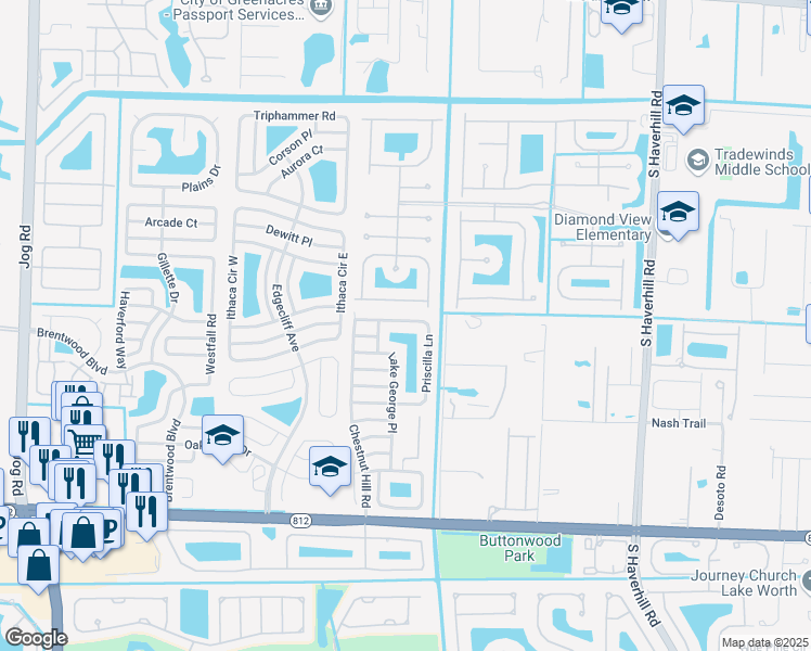 map of restaurants, bars, coffee shops, grocery stores, and more near 5549 Priscilla Lane in Lake Worth