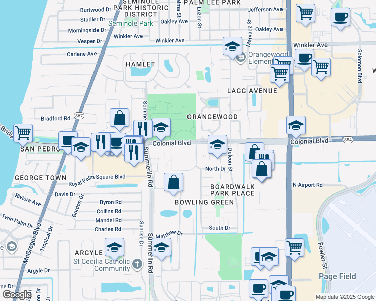 map of restaurants, bars, coffee shops, grocery stores, and more near 1600 Colonial Boulevard in Fort Myers
