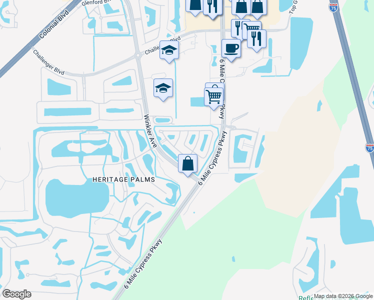 map of restaurants, bars, coffee shops, grocery stores, and more near 10086 Spyglass Hill Lane in Fort Myers
