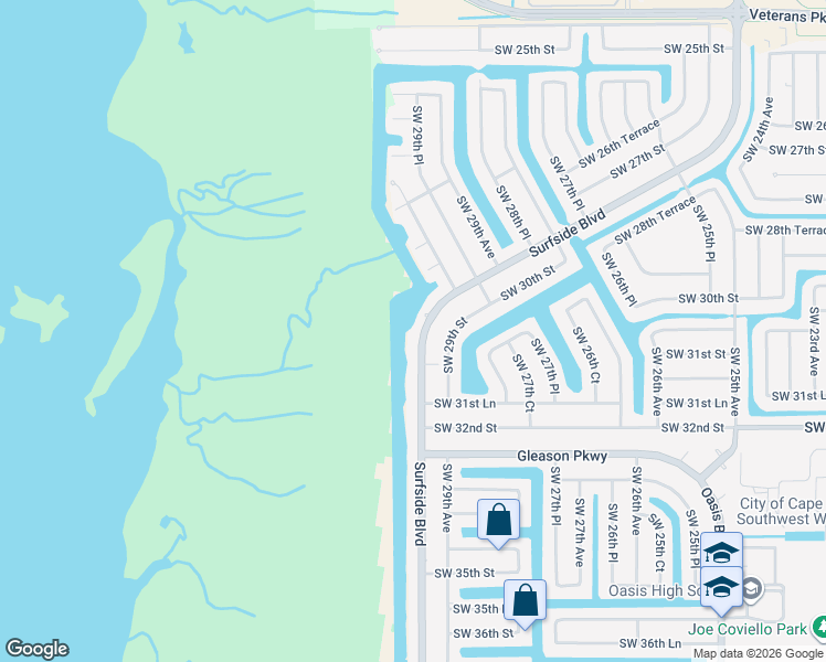 map of restaurants, bars, coffee shops, grocery stores, and more near 2964 Surfside Boulevard in Cape Coral