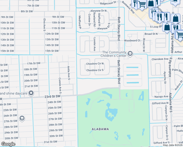 map of restaurants, bars, coffee shops, grocery stores, and more near 1662 Cheshire Circle South in Lehigh Acres