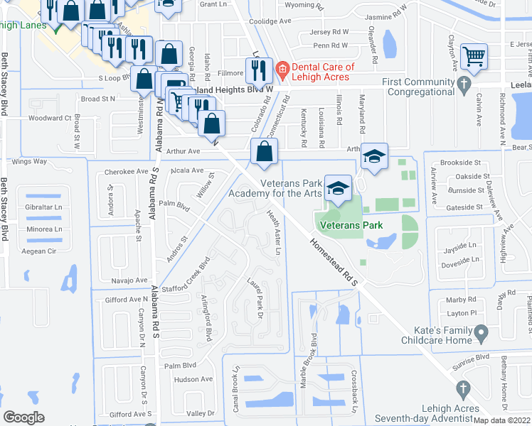 map of restaurants, bars, coffee shops, grocery stores, and more near 10 Pinewood Boulevard in Lehigh Acres