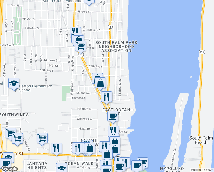 map of restaurants, bars, coffee shops, grocery stores, and more near 1526 South N Street in Lake Worth