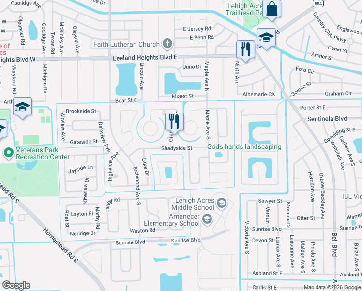 map of restaurants, bars, coffee shops, grocery stores, and more near 713 Shadyside Street in Lehigh Acres