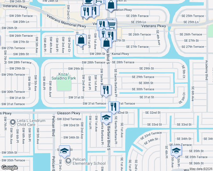 map of restaurants, bars, coffee shops, grocery stores, and more near 2935 Southwest Santa Barbara Place in Cape Coral