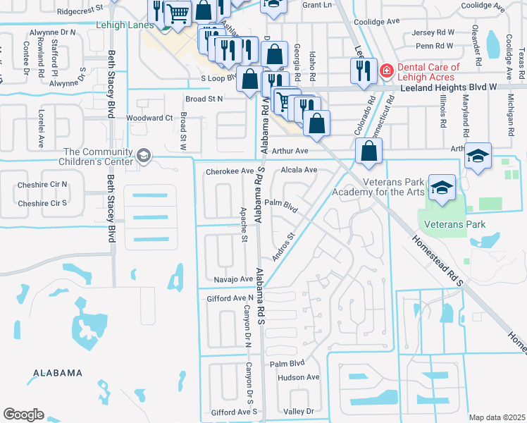 map of restaurants, bars, coffee shops, grocery stores, and more near 902 Palm Boulevard in Lehigh Acres