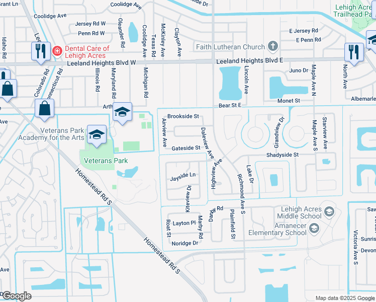 map of restaurants, bars, coffee shops, grocery stores, and more near 202 Gateside Street in Lehigh Acres