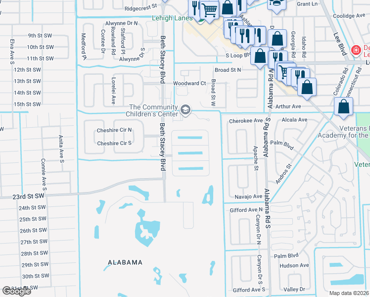 map of restaurants, bars, coffee shops, grocery stores, and more near 18273 Gibraltar Lane in Lehigh Acres