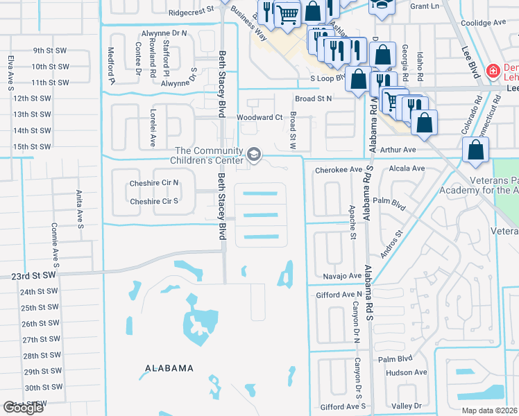 map of restaurants, bars, coffee shops, grocery stores, and more near 18289 Gibraltar Lane in Lehigh Acres