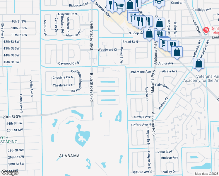 map of restaurants, bars, coffee shops, grocery stores, and more near 18297 Gibraltar Lane in Lehigh Acres